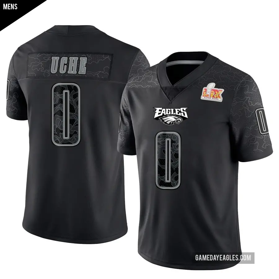 Men's Philadelphia Eagles ＃0 Joshua Uche Black Limited Reflective Super Bowl LIX Jersey