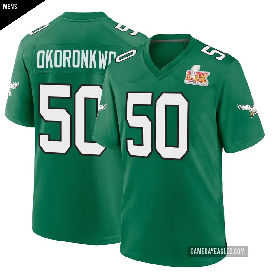Men's Philadelphia Eagles ＃50 Ogbo Okoronkwo Green Game Kelly Alternate Super Bowl LIX Jersey