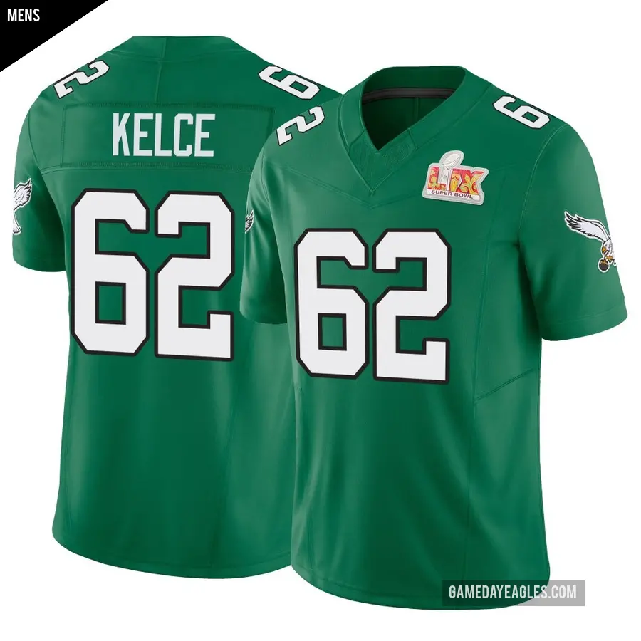 Men's Philadelphia Eagles ＃62 Jason Kelce Green Limited Kelly Alternate Vapor F.U.S.E. Super Bowl LIX Jersey
