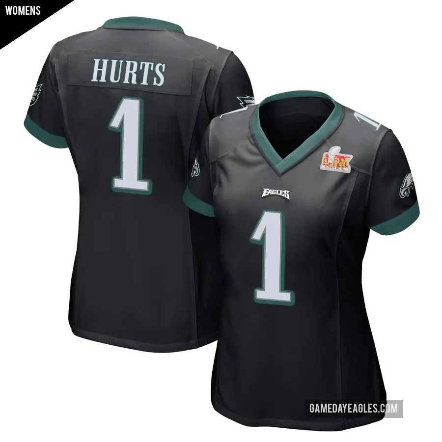 Women's Philadelphia Eagles ＃1 Jalen Hurts Black Game Alternate Super Bowl LIX Jersey
