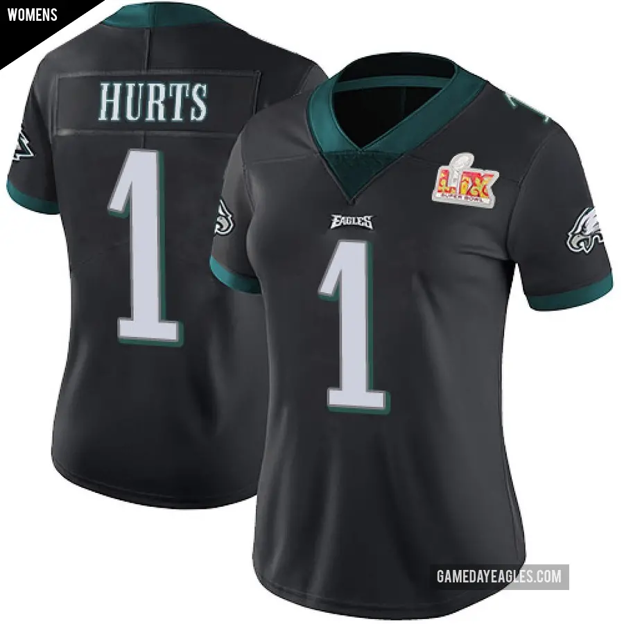 Women's Philadelphia Eagles ＃1 Jalen Hurts Black Limited Alternate Vapor Untouchable Super Bowl LIX Jersey