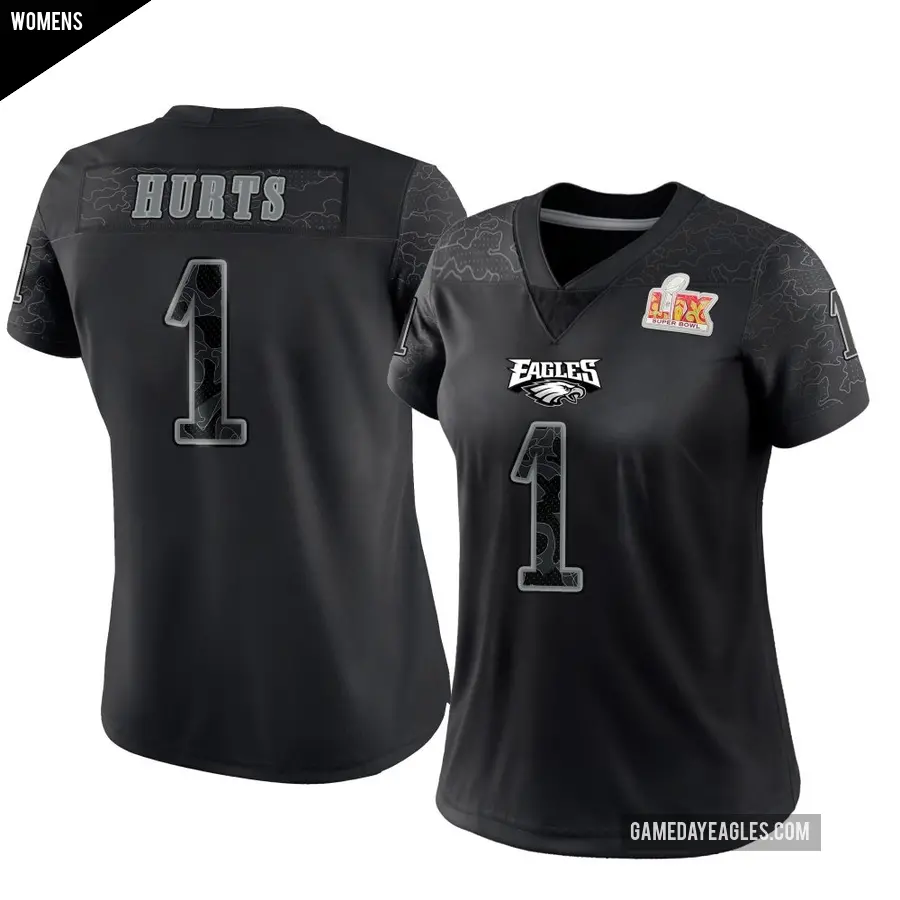 Women's Philadelphia Eagles ＃1 Jalen Hurts Black Limited Reflective Super Bowl LIX Jersey