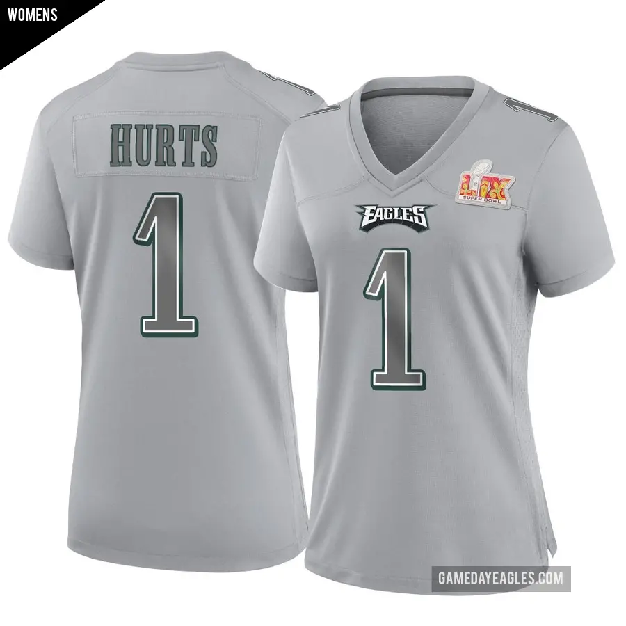 Women's Philadelphia Eagles ＃1 Jalen Hurts Gray Game Atmosphere Fashion Super Bowl LIX Jersey
