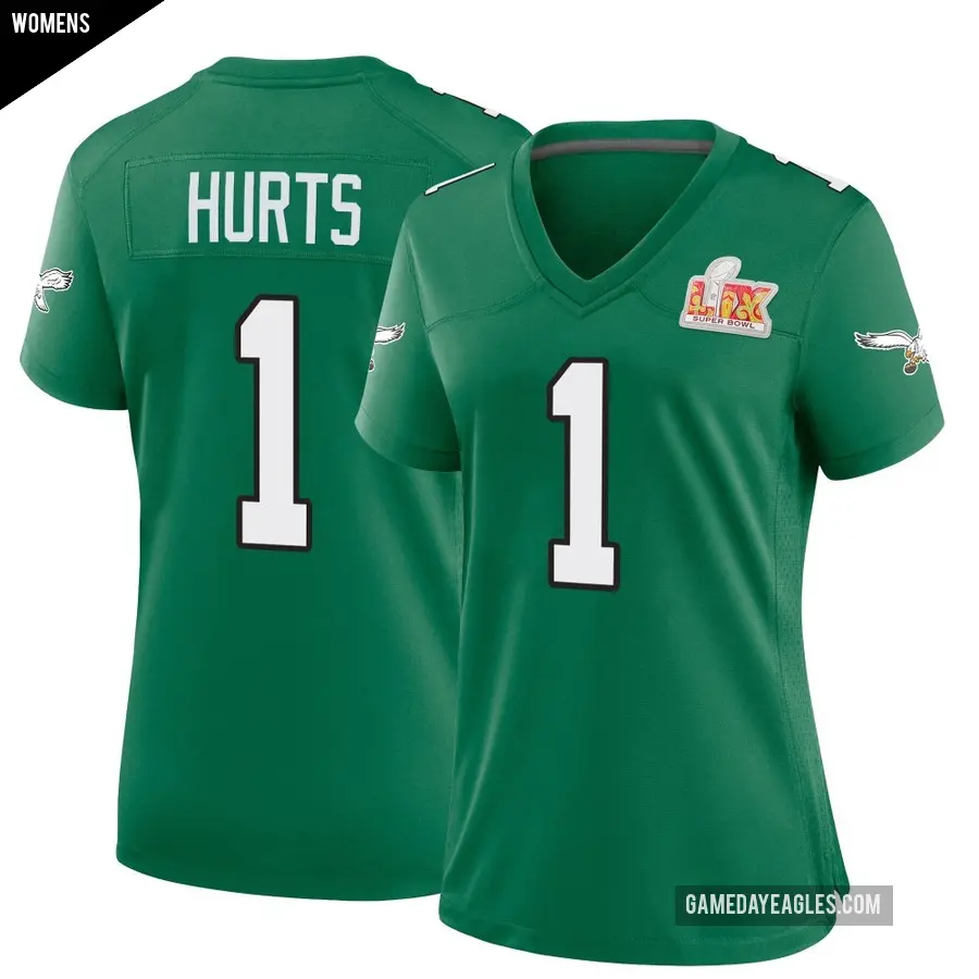 Women's Philadelphia Eagles ＃1 Jalen Hurts Green Game Kelly Alternate Super Bowl LIX Jersey