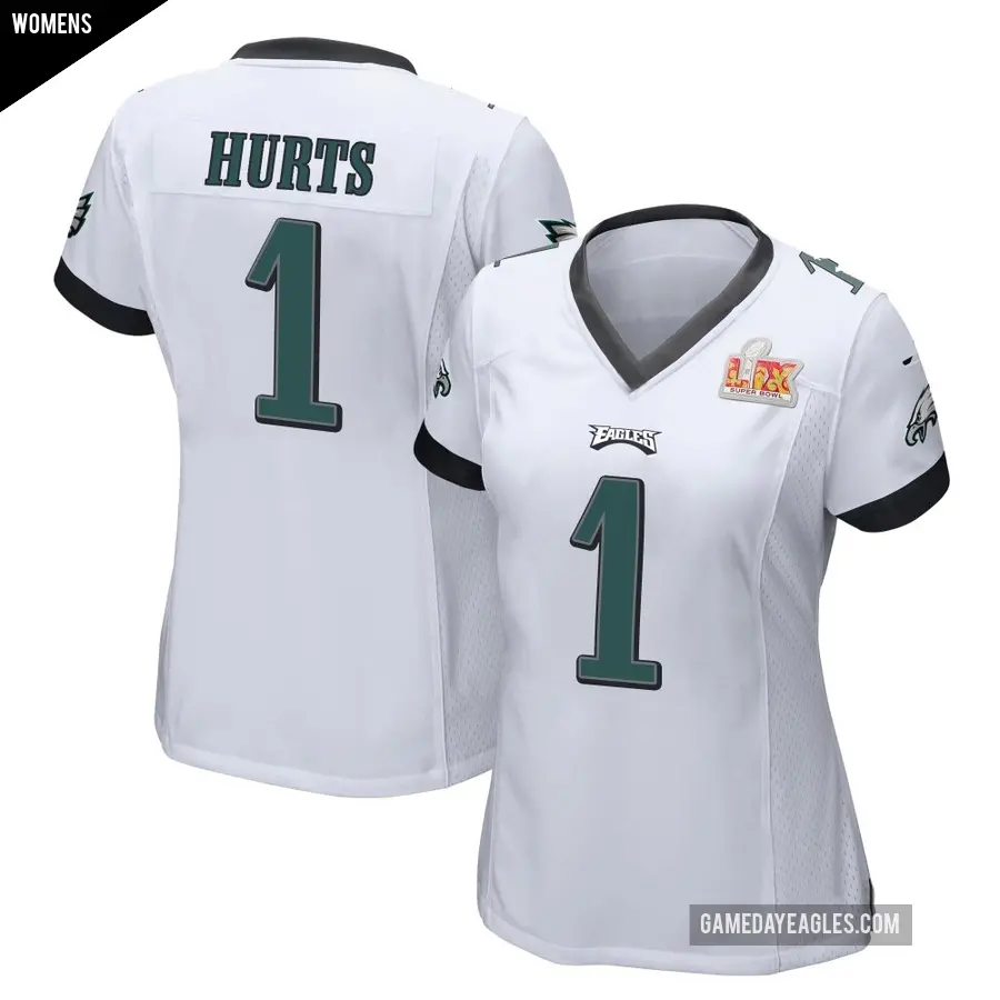 Women's Philadelphia Eagles ＃1 Jalen Hurts White Game Super Bowl LIX Jersey