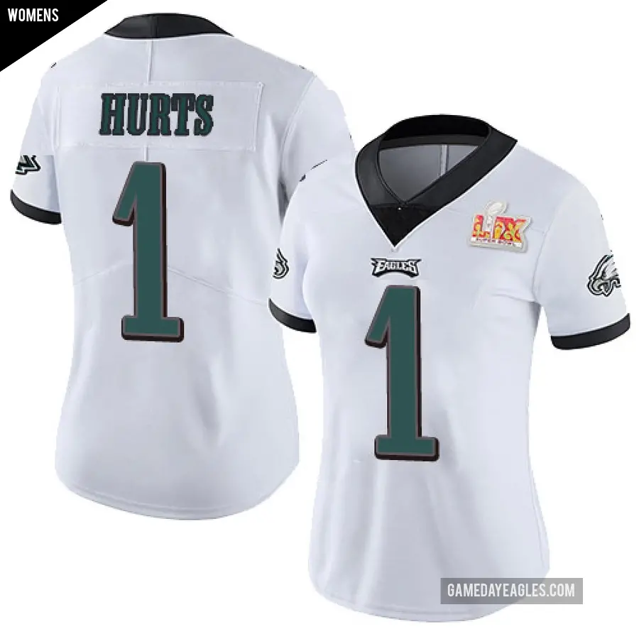 Women's Philadelphia Eagles ＃1 Jalen Hurts White Limited Vapor Untouchable Super Bowl LIX Jersey