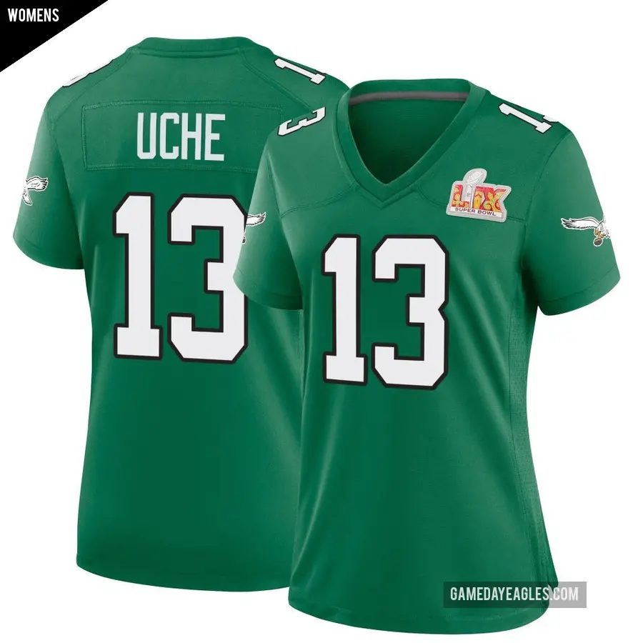 Women's Philadelphia Eagles ＃13 Joshua Uche Green Game Kelly Alternate Super Bowl LIX Jersey