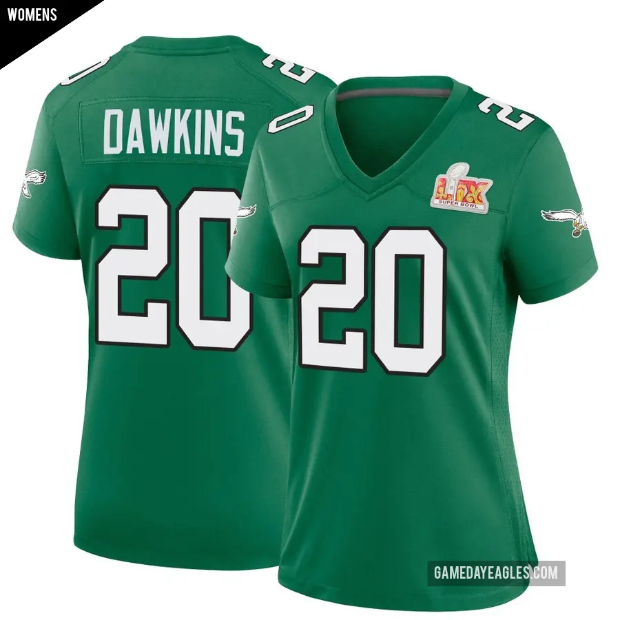 Women's Philadelphia Eagles ＃20 Brian Dawkins Green Game Kelly Alternate Super Bowl LIX Jersey