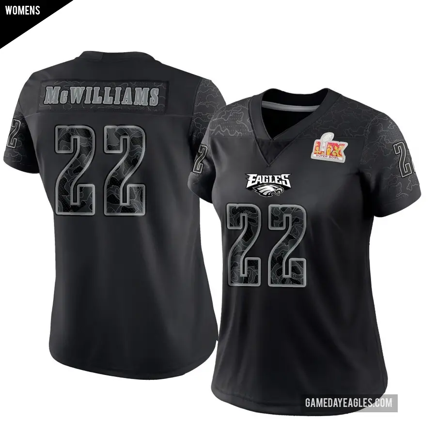 Women's Philadelphia Eagles ＃22 Mac McWilliams Black Limited Reflective Super Bowl LIX Jersey