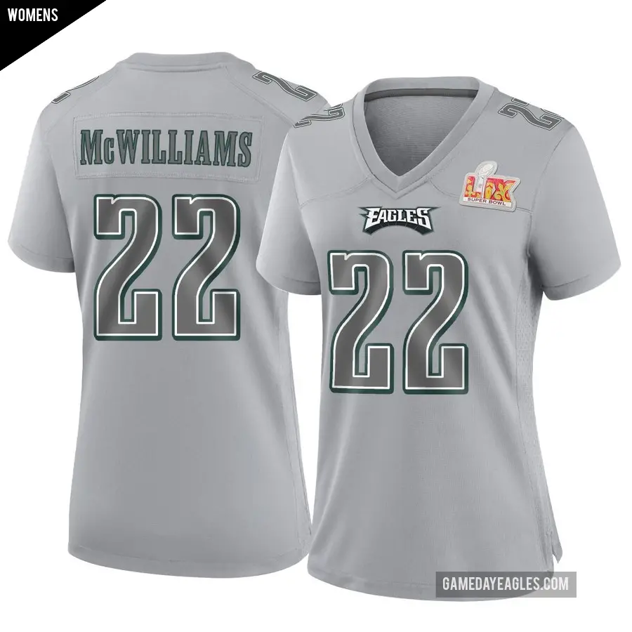 Women's Philadelphia Eagles ＃22 Mac McWilliams Gray Game Atmosphere Fashion Super Bowl LIX Jersey
