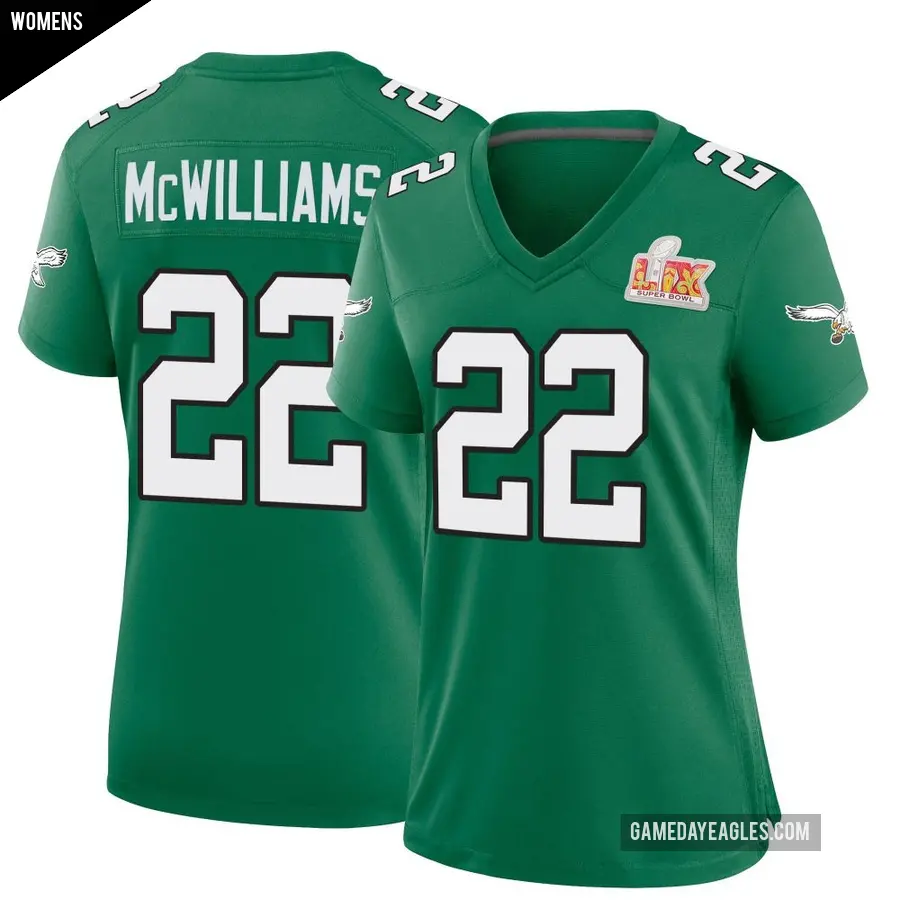 Women's Philadelphia Eagles ＃22 Mac McWilliams Green Game Kelly Alternate Super Bowl LIX Jersey