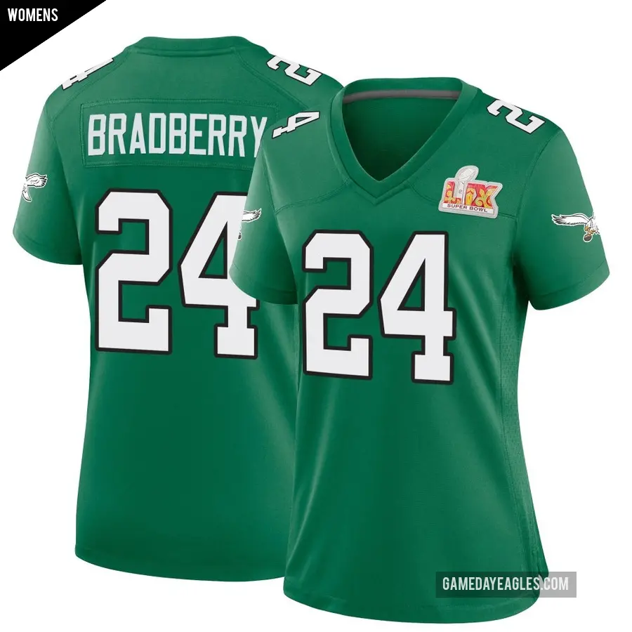 Women's Philadelphia Eagles ＃24 James Bradberry IV Green Game Kelly Alternate Super Bowl LIX Jersey