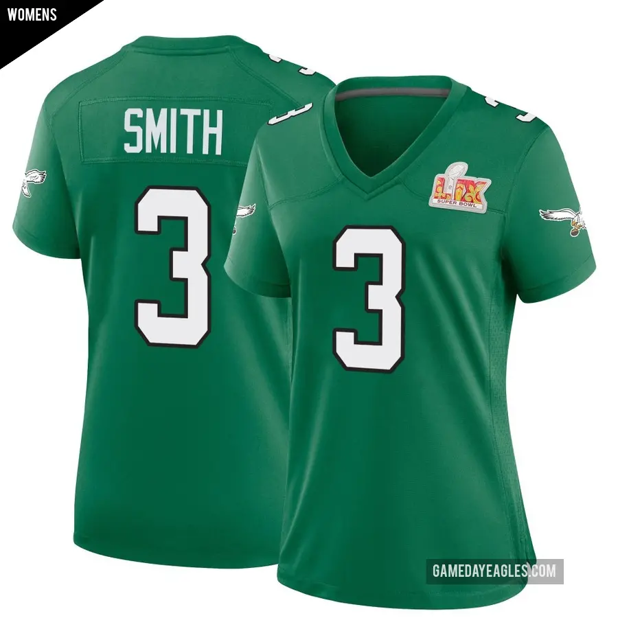 Women's Philadelphia Eagles ＃3 Nolan Smith Jr. Green Game Kelly Alternate Super Bowl LIX Jersey