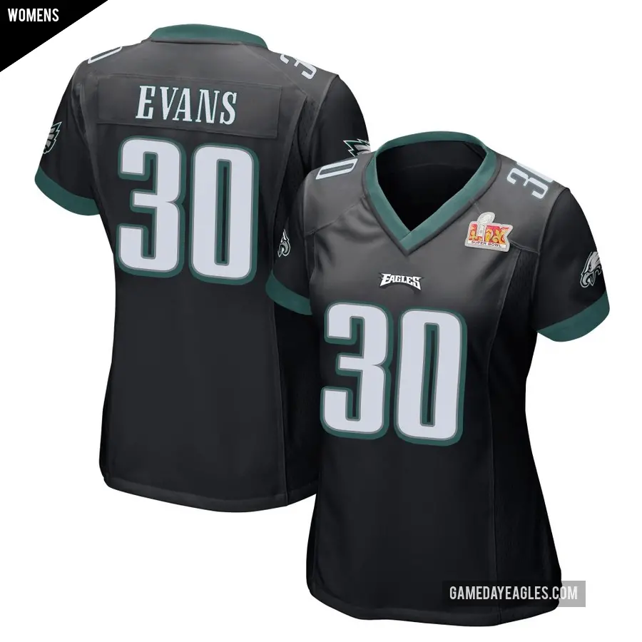 Women's Philadelphia Eagles ＃30 Justin Evans Black Game Alternate Super Bowl LIX Jersey