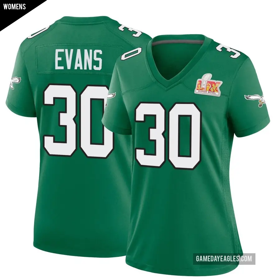 Women's Philadelphia Eagles ＃30 Justin Evans Green Game Kelly Alternate Super Bowl LIX Jersey