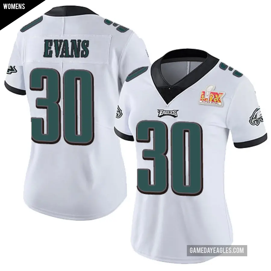 Women's Philadelphia Eagles ＃30 Justin Evans White Limited Vapor Untouchable Super Bowl LIX Jersey