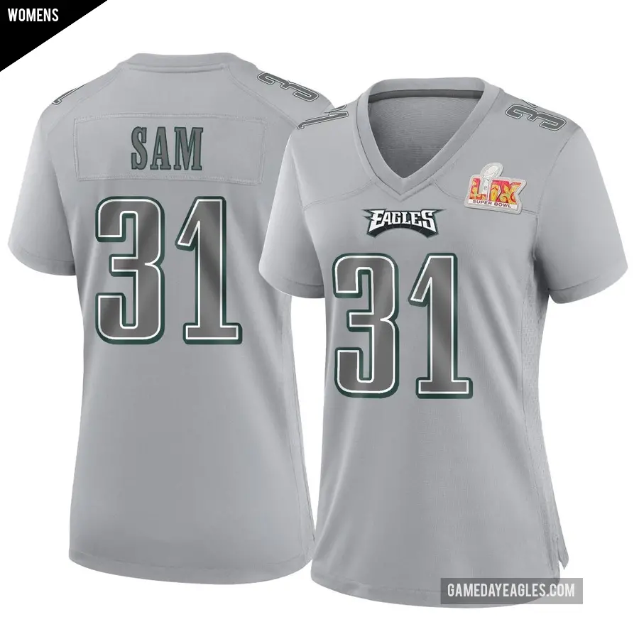 Women's Philadelphia Eagles ＃31 Andre' Sam Gray Game Atmosphere Fashion Super Bowl LIX Jersey