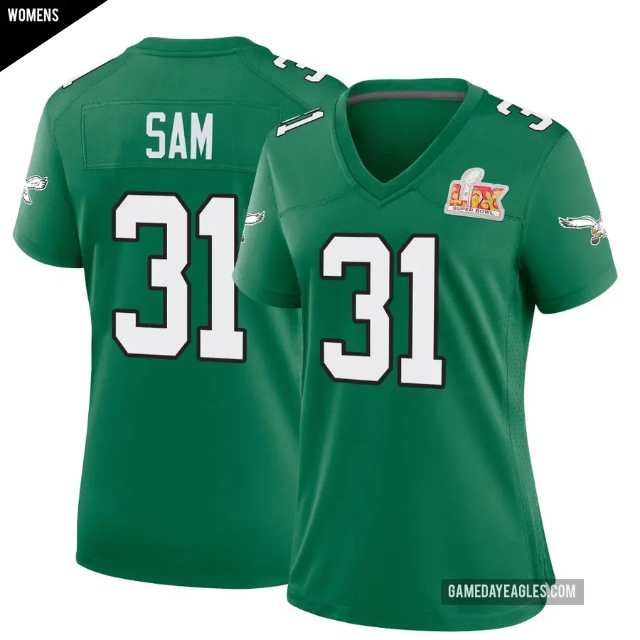 Women's Philadelphia Eagles ＃31 Andre' Sam Green Game Kelly Alternate Super Bowl LIX Jersey