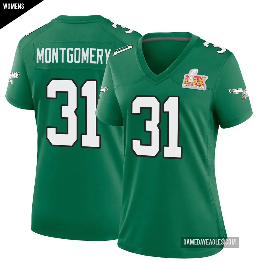 Women's Philadelphia Eagles ＃31 Wilbert Montgomery Green Game Kelly Alternate Super Bowl LIX Jersey