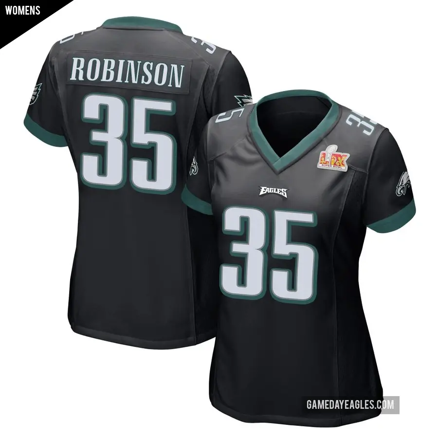 Women's Philadelphia Eagles ＃35 Keilan Robinson Black Game Alternate Super Bowl LIX Jersey