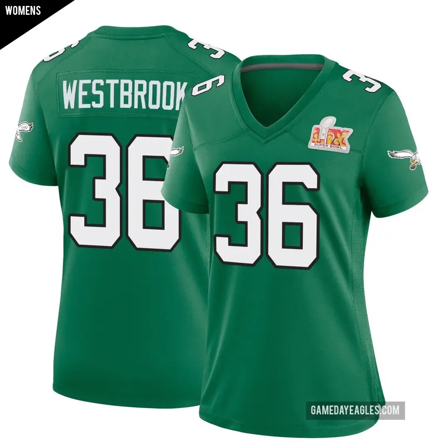 Women's Philadelphia Eagles ＃36 Brian Westbrook Green Game Kelly Alternate Super Bowl LIX Jersey