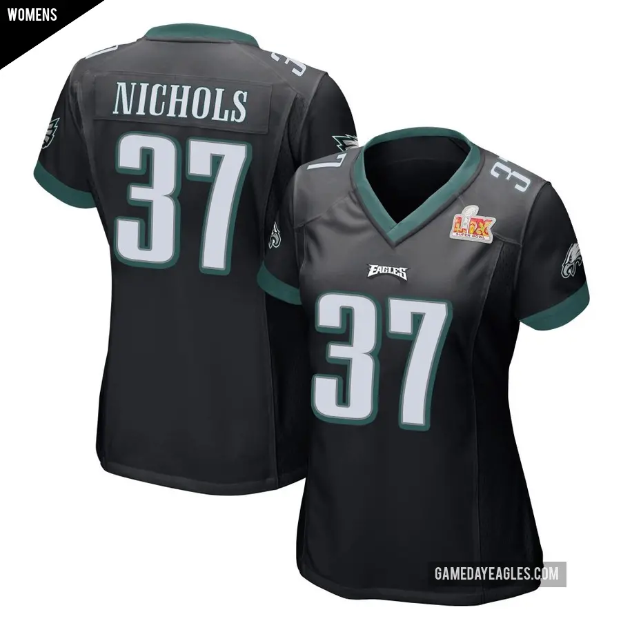 Women's Philadelphia Eagles ＃37 Lew Nichols Black Game Alternate Super Bowl LIX Jersey