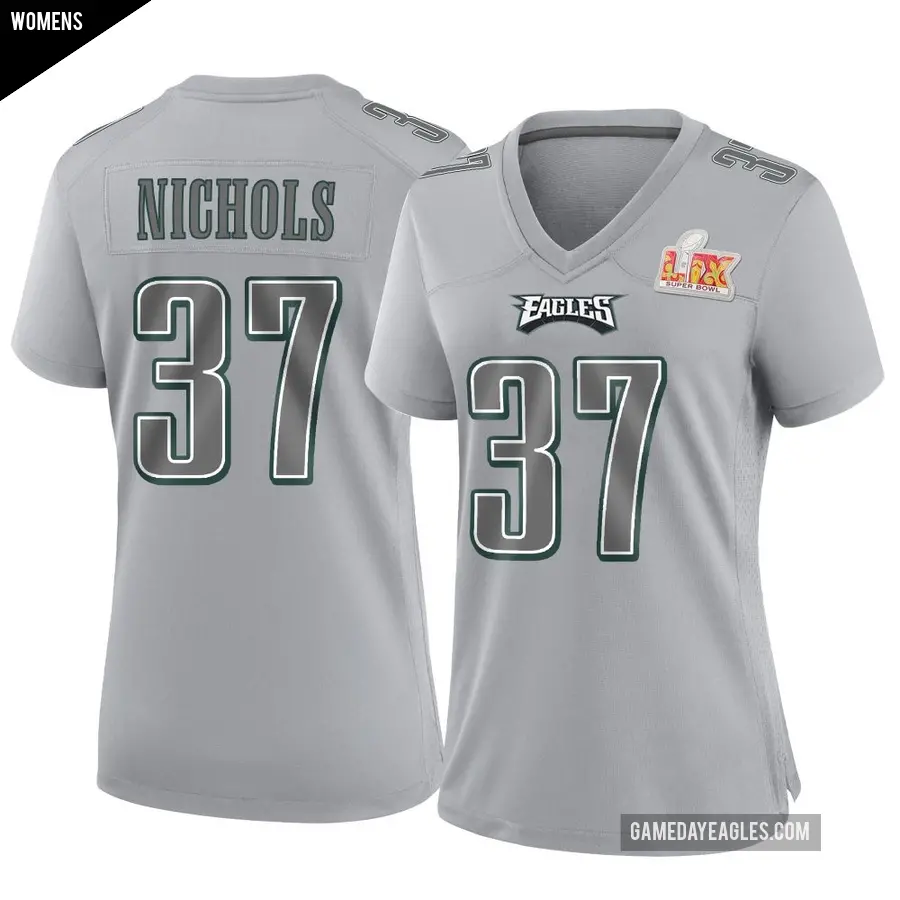 Women's Philadelphia Eagles ＃37 Lew Nichols Gray Game Atmosphere Fashion Super Bowl LIX Jersey