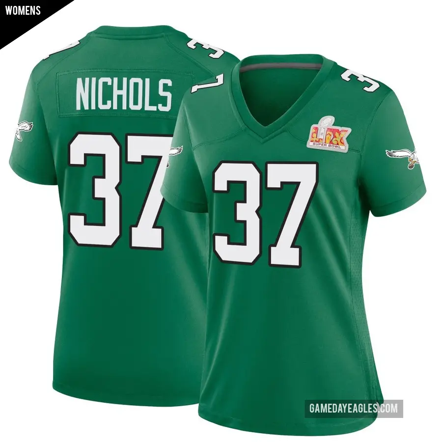 Women's Philadelphia Eagles ＃37 Lew Nichols Green Game Kelly Alternate Super Bowl LIX Jersey