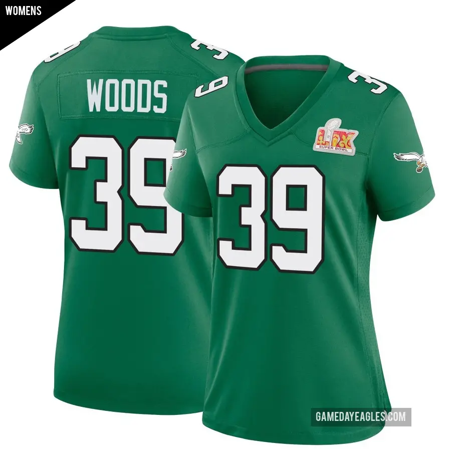 Women's Philadelphia Eagles ＃39 A.J. Woods Green Game Kelly Alternate Super Bowl LIX Jersey