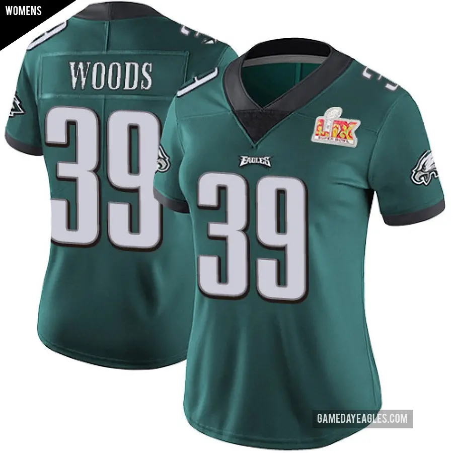Women's Philadelphia Eagles ＃39 A.J. Woods Green Limited Midnight Team Color Vapor Untouchable Super Bowl LIX Jersey
