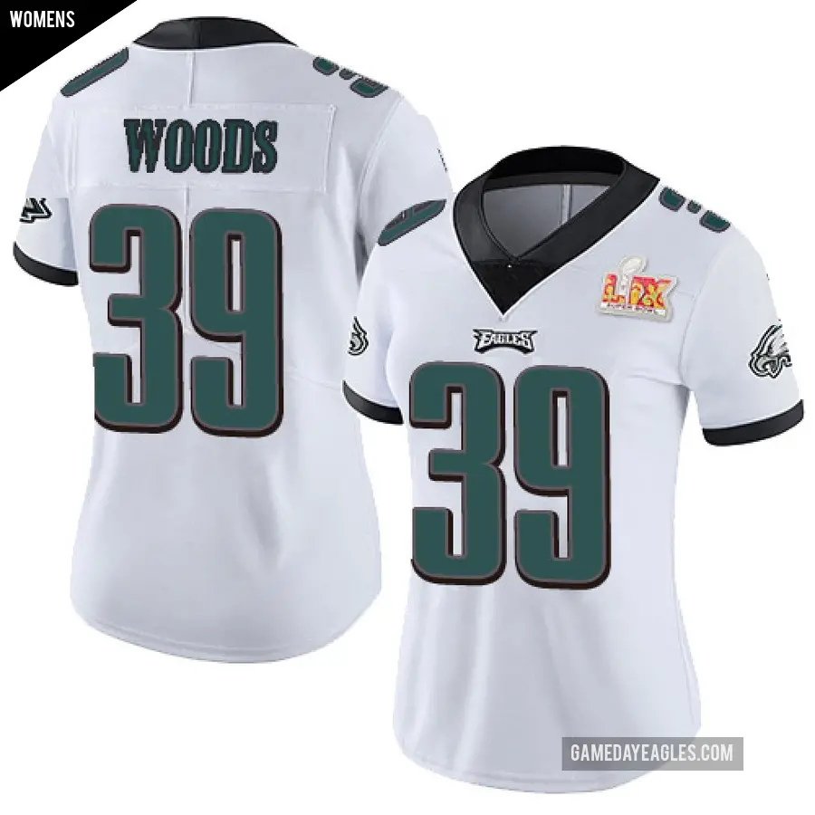 Women's Philadelphia Eagles ＃39 A.J. Woods White Limited Vapor Untouchable Super Bowl LIX Jersey