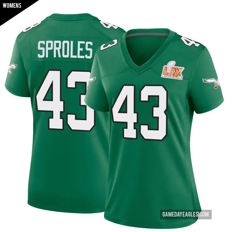 Women's Philadelphia Eagles ＃43 Darren Sproles Green Game Kelly Alternate Super Bowl LIX Jersey