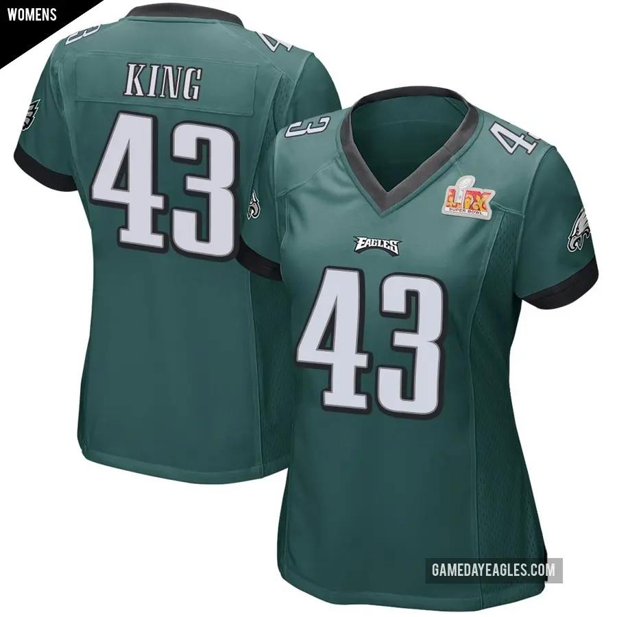 Women's Philadelphia Eagles ＃43 Johnny King Green Game Team Color Super Bowl LIX Jersey