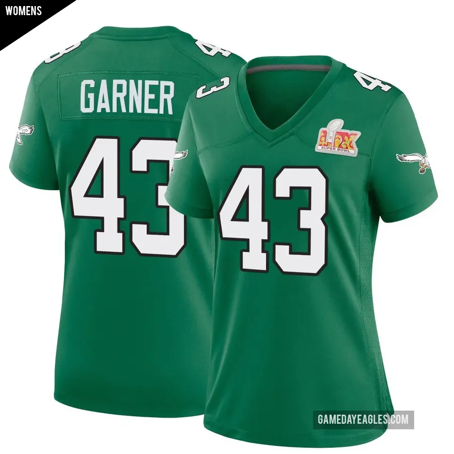 Women's Philadelphia Eagles ＃43 Mekhi Garner Green Game Kelly Alternate Super Bowl LIX Jersey