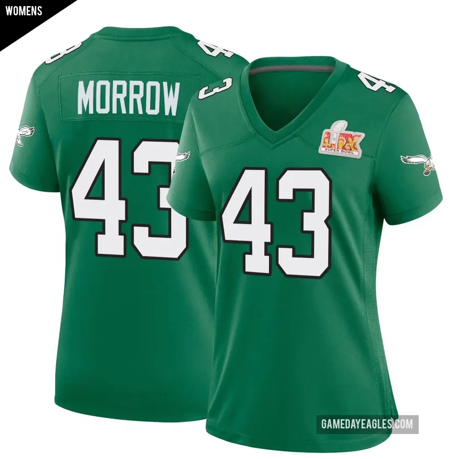 Women's Philadelphia Eagles ＃43 Nicholas Morrow Green Game Kelly Alternate Super Bowl LIX Jersey