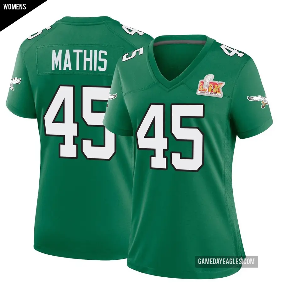 Women's Philadelphia Eagles ＃45 Ochaun Mathis Green Game Kelly Alternate Super Bowl LIX Jersey