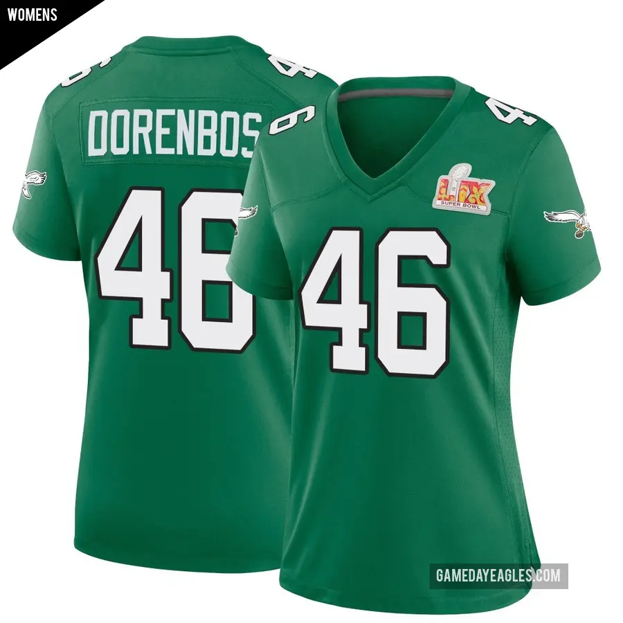 Women's Philadelphia Eagles ＃46 Jon Dorenbos Green Game Kelly Alternate Super Bowl LIX Jersey