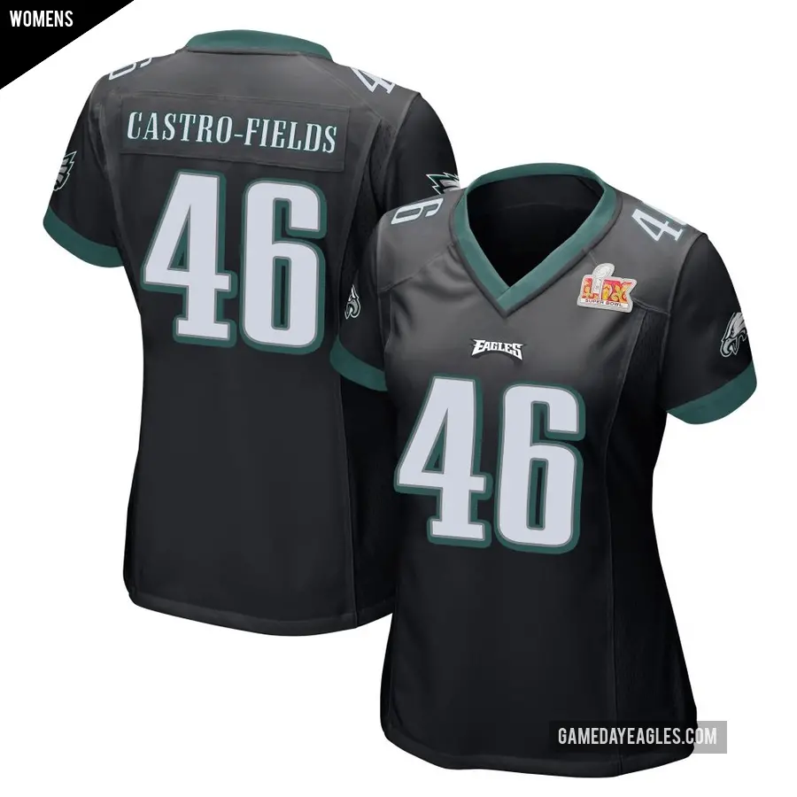 Women's Philadelphia Eagles ＃46 Tariq Castro-Fields Black Game Alternate Super Bowl LIX Jersey