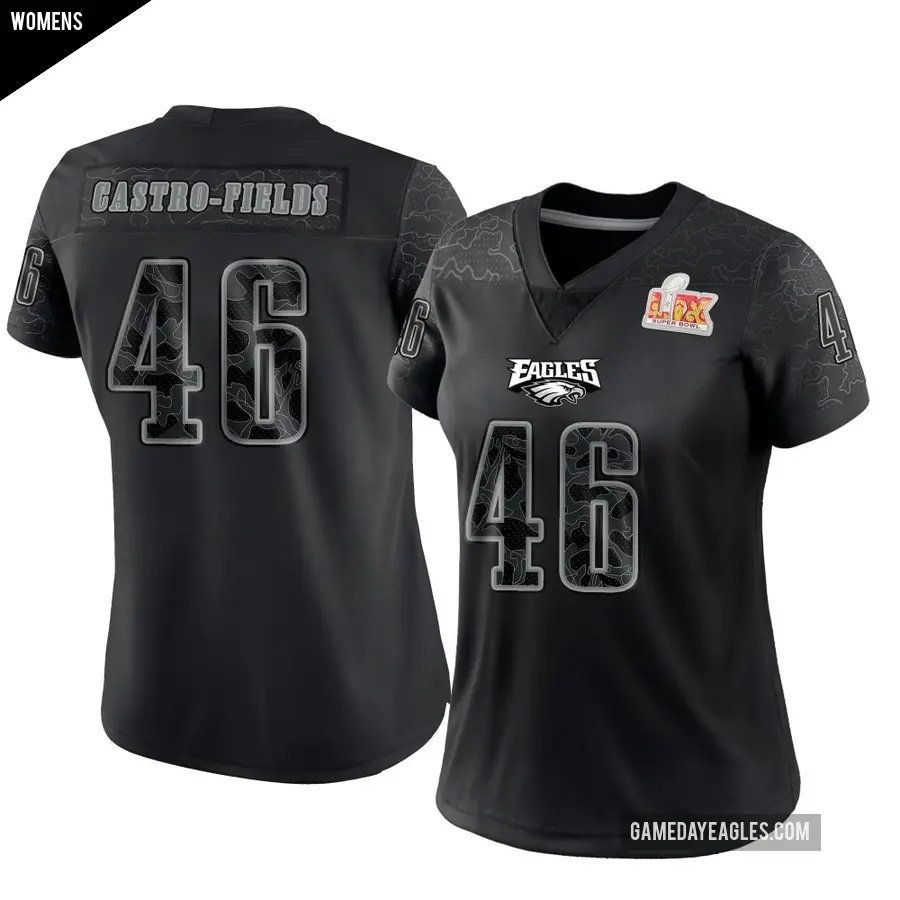 Women's Philadelphia Eagles ＃46 Tariq Castro-Fields Black Limited Reflective Super Bowl LIX Jersey