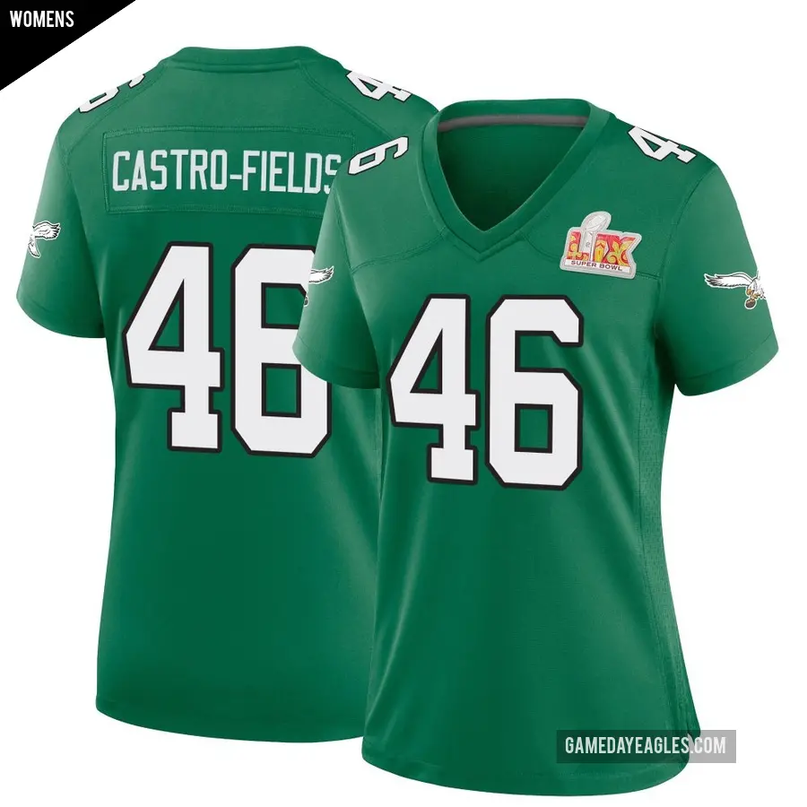 Women's Philadelphia Eagles ＃46 Tariq Castro-Fields Green Game Kelly Alternate Super Bowl LIX Jersey