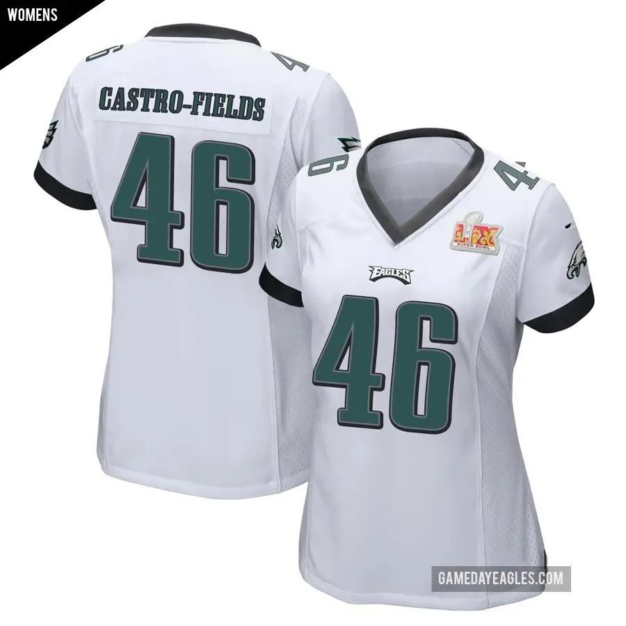 Women's Philadelphia Eagles ＃46 Tariq Castro-Fields White Game Super Bowl LIX Jersey