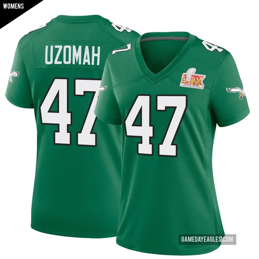 Women's Philadelphia Eagles ＃47 C.J. Uzomah Green Game Kelly Alternate Super Bowl LIX Jersey