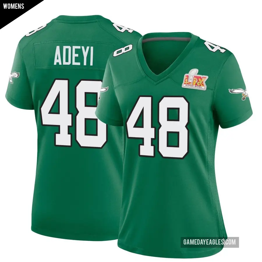 Women's Philadelphia Eagles ＃48 Ife Adeyi Green Game Kelly Alternate Super Bowl LIX Jersey