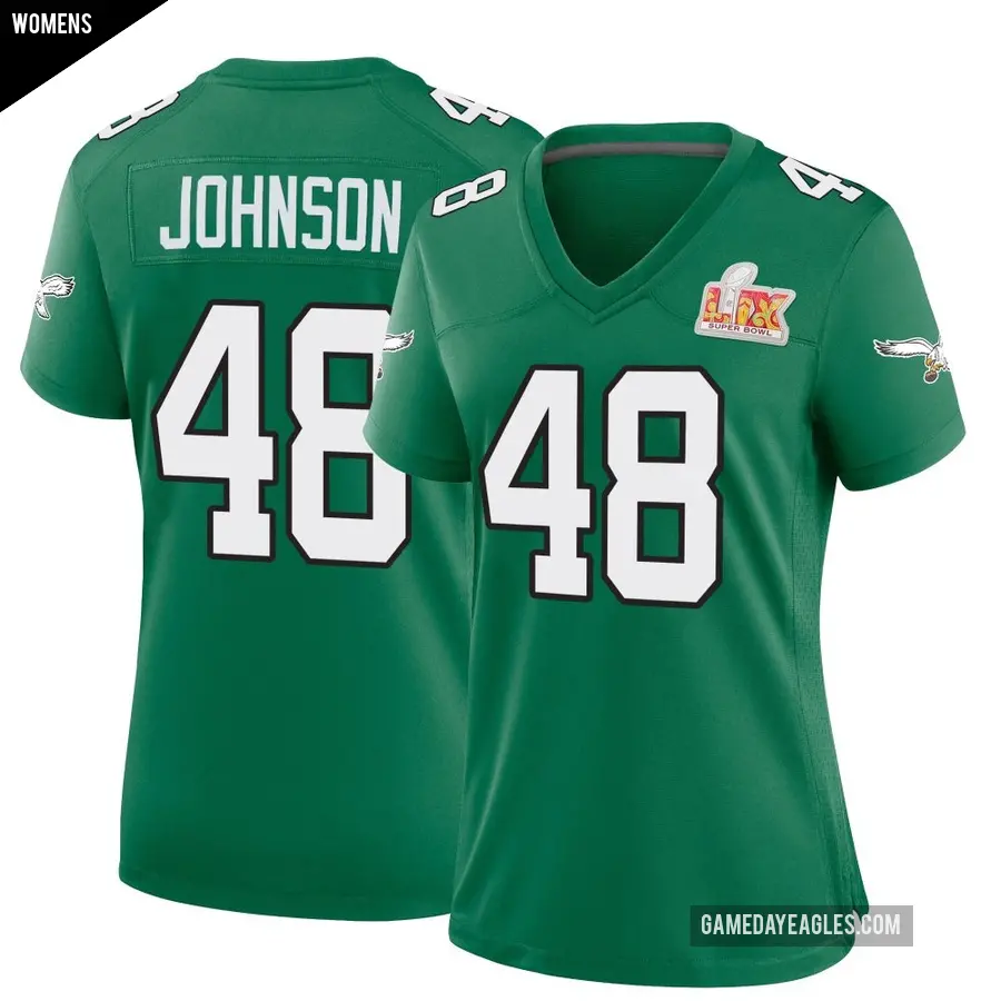 Women's Philadelphia Eagles ＃48 Patrick Johnson Green Game Kelly Alternate Super Bowl LIX Jersey
