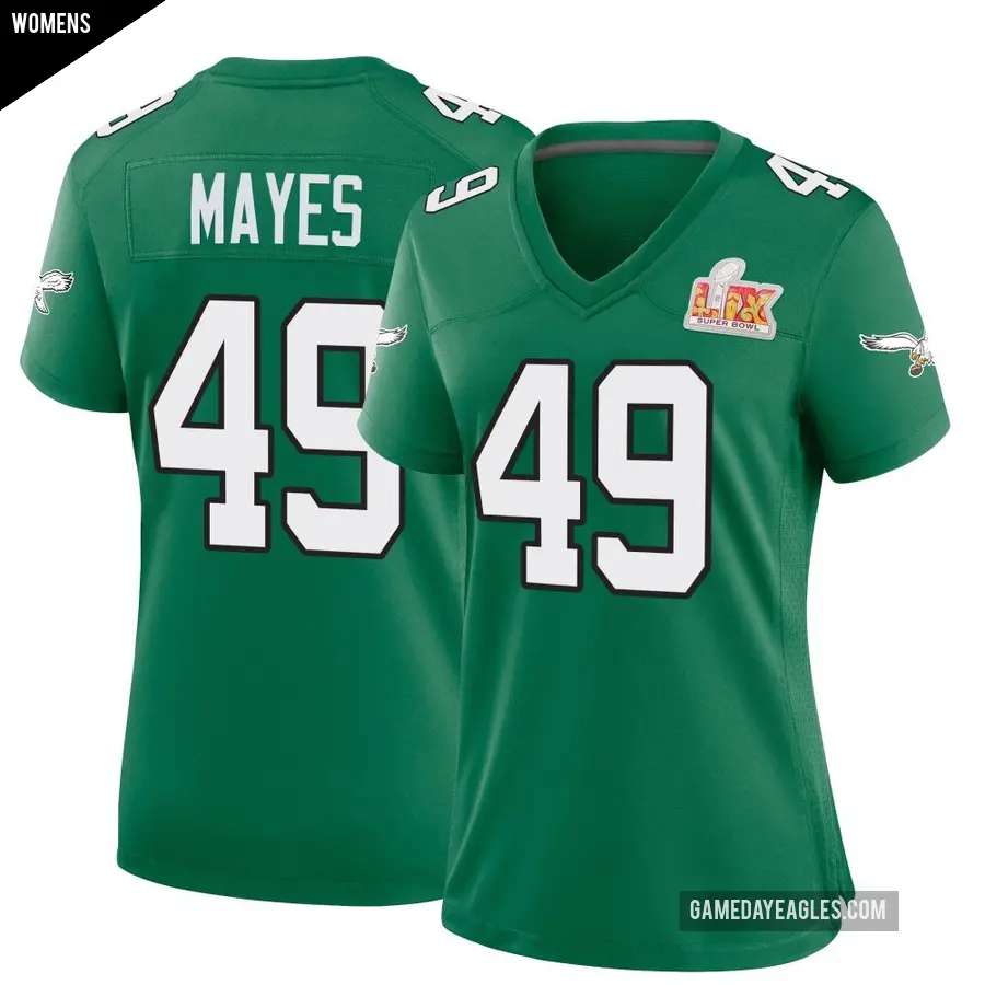 Women's Philadelphia Eagles ＃49 BJ Mayes Green Game Kelly Alternate Super Bowl LIX Jersey