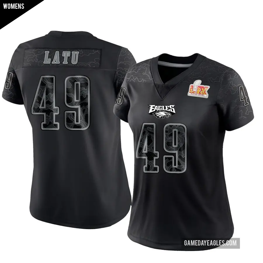 Women's Philadelphia Eagles ＃49 Cameron Latu Black Limited Reflective Super Bowl LIX Jersey