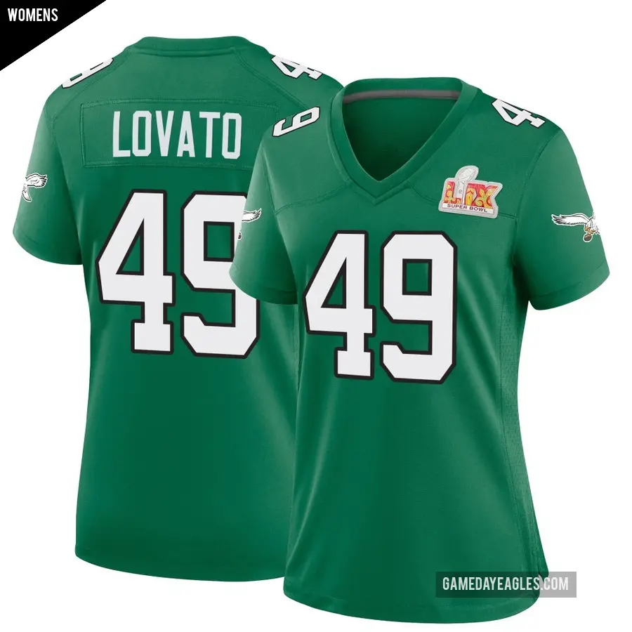 Women's Philadelphia Eagles ＃49 Rick Lovato Green Game Kelly Alternate Super Bowl LIX Jersey