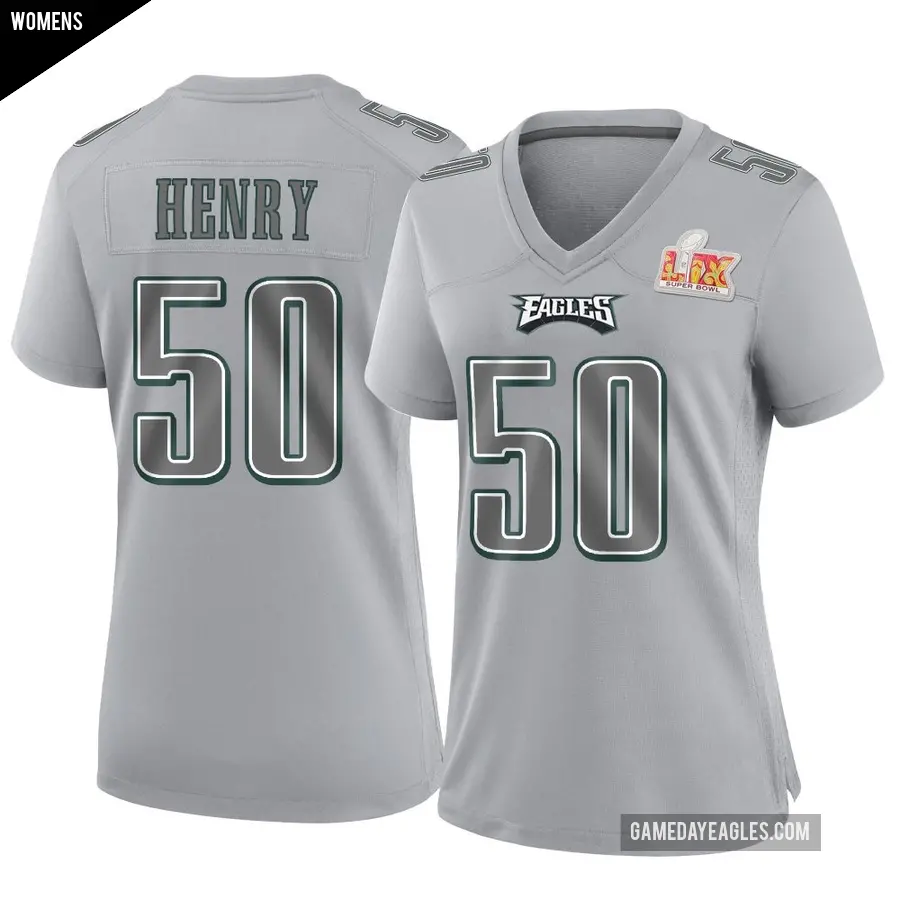 Women's Philadelphia Eagles ＃50 KJ Henry Gray Game Atmosphere Fashion Super Bowl LIX Jersey
