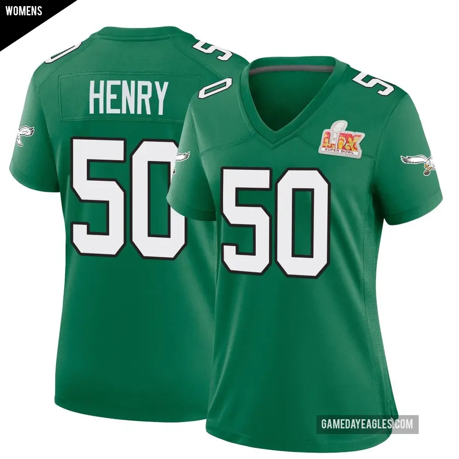 Women's Philadelphia Eagles ＃50 KJ Henry Green Game Kelly Alternate Super Bowl LIX Jersey