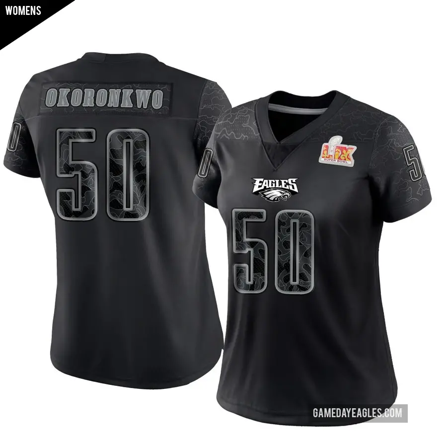 Women's Philadelphia Eagles ＃50 Ogbo Okoronkwo Black Limited Reflective Super Bowl LIX Jersey